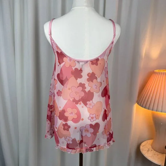 La Senza Y2K Pink Hearts Floral Chiffon Ruffle Slip Medium - Picture 3 of 9